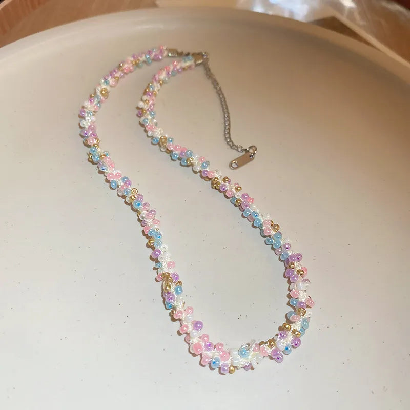 Titanium Steel Rice Bead Necklace in Pink Purple - women's necklace