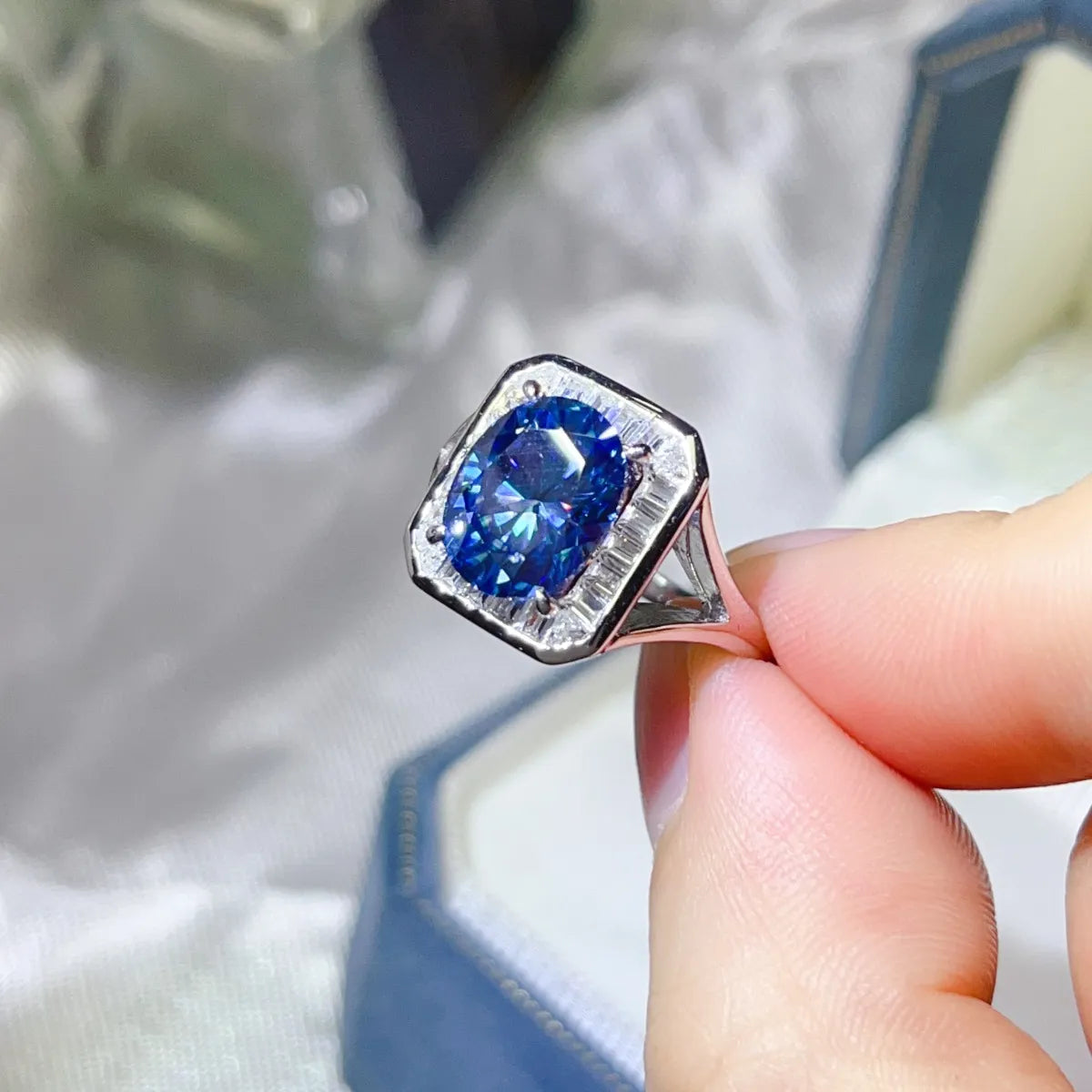 3 Carat Moissanite Square Ring in Royal Blue - women's ring