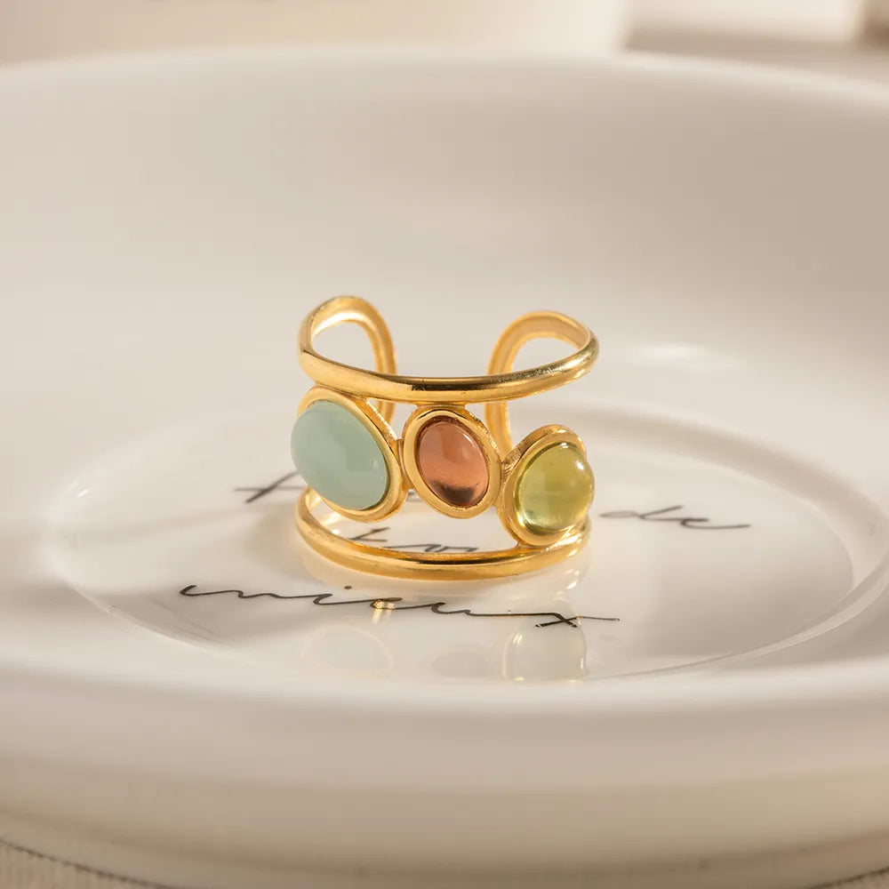 18K Gold-Plated Gemstone Open Cuff Ring in Gold - women's ring