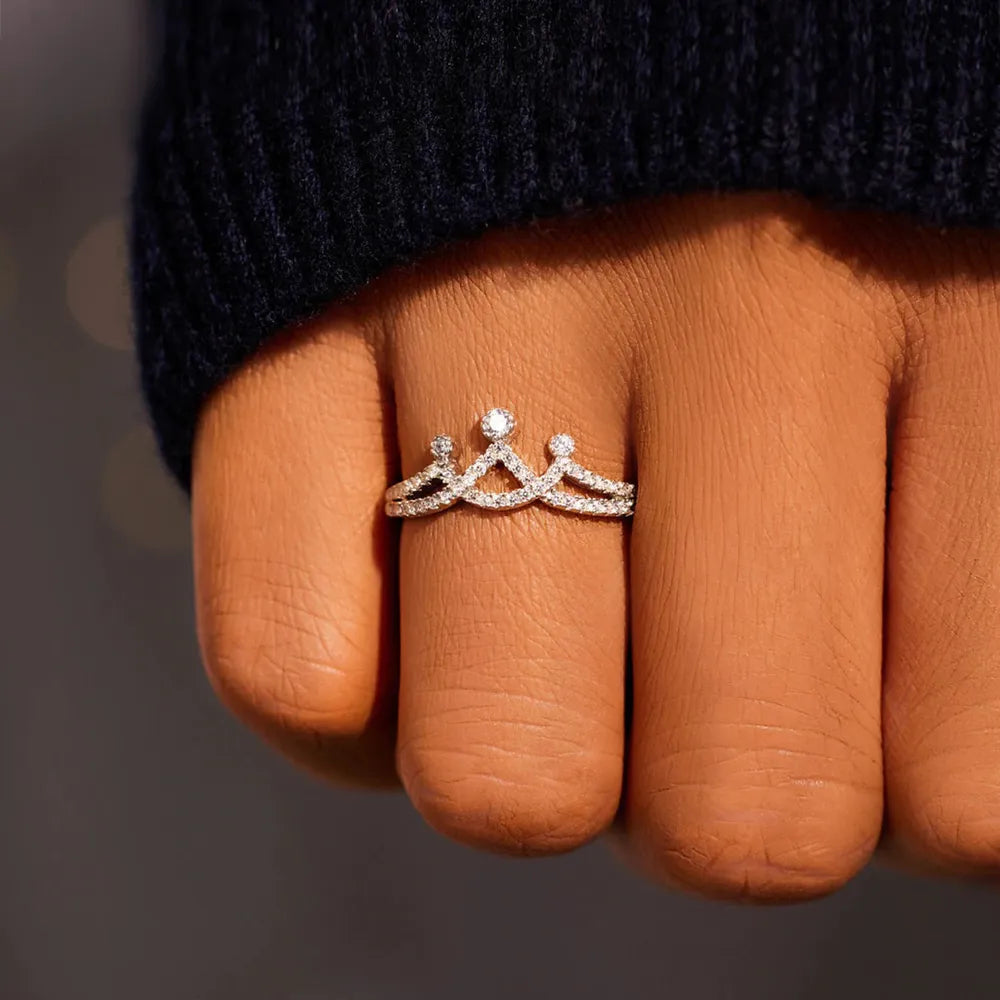 Crown Shape Inlaid Zircon Sterling Silver Ring in Silver - women's ring