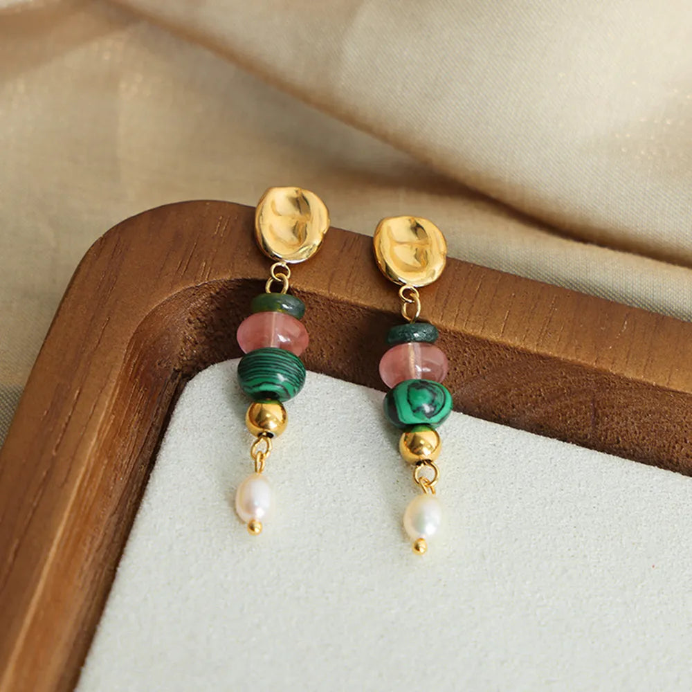 Natural Stone Freshwater Pearl Dangle Earrings - alternate earring view