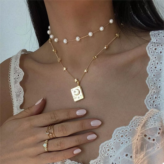 18K Gold-Plated Star Moon Zircon Lock Necklace in Gold - women's necklace