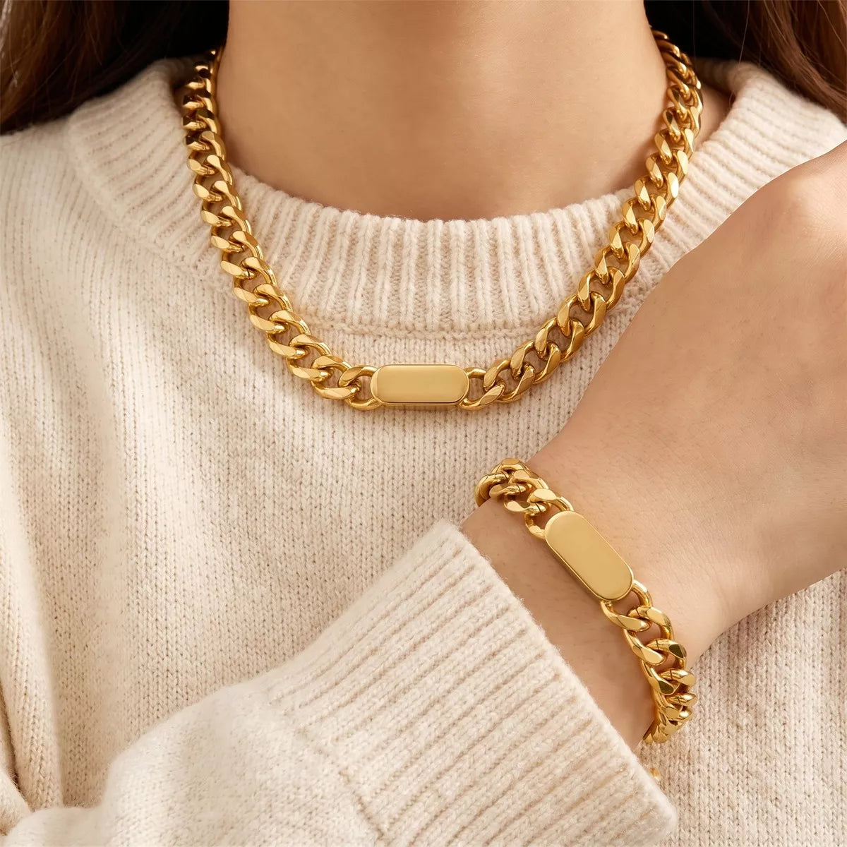 Stainless Steel Bar Chain Necklace and Bracelet Set in Gold - women's chain necklace