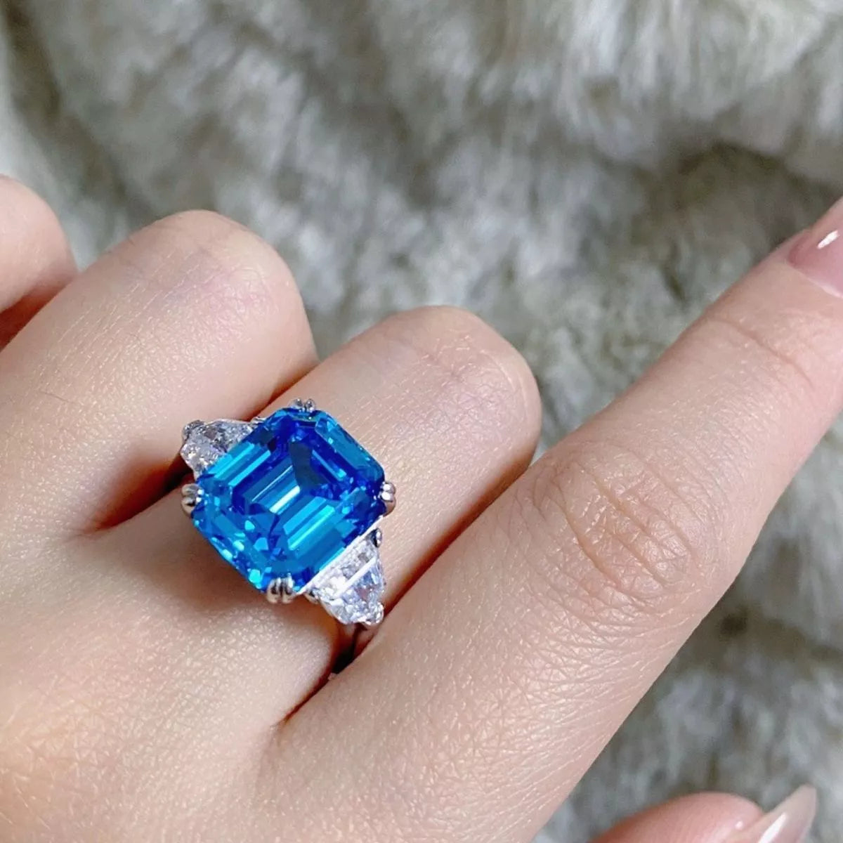 Sterling Silver Zircon Square Ring in Cerulean - women's ring