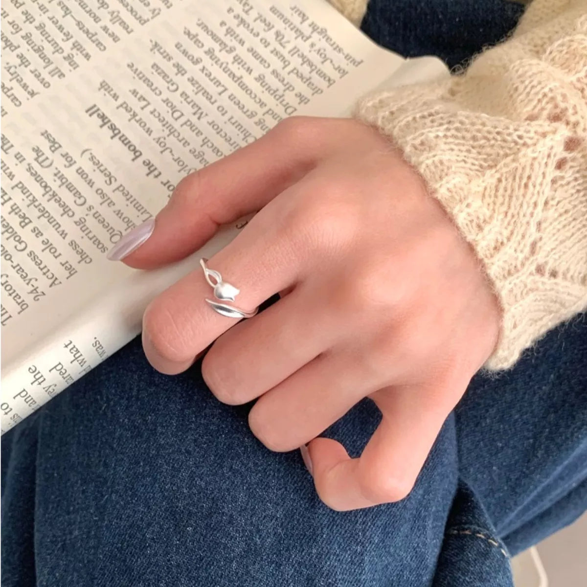 Sterling Silver Flower Bypass Ring in Silver - women's ring