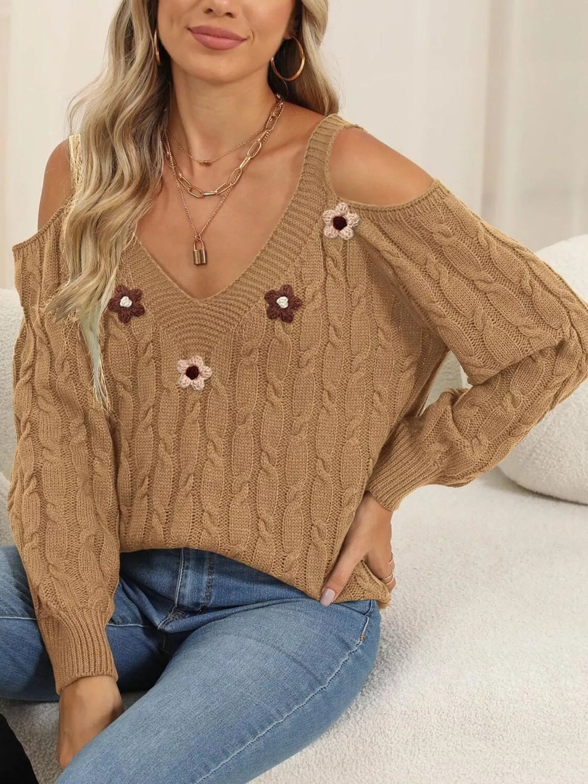 Floral Applique Cold Shoulder Cable-Knit Sweater in Camel Color - women's sweater