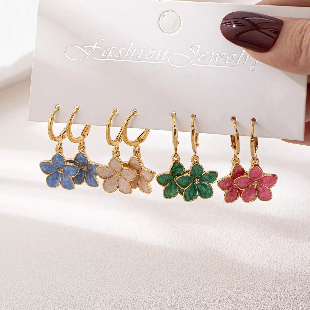 4 Piece Colorful Flower Drop Earrings in Gold - women's drop earrings