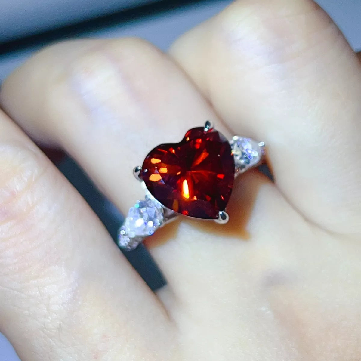 6 Carat Sterling Silver Moissanite Heart Ring in Deep Red - women's ring