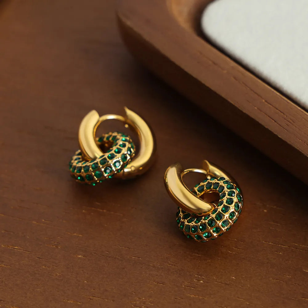 Titanium Steel Inlaid Zircon Double-Hoop Earrings - alternate earring view