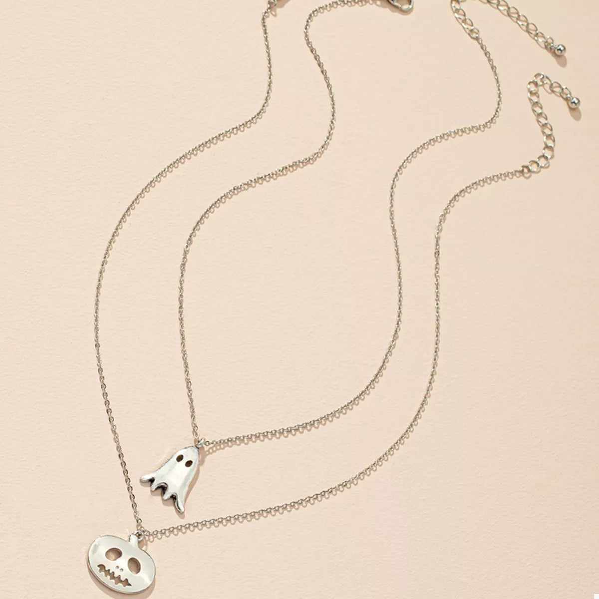 2 Piece Halloween Ghost & Pumpkin Pendant Necklace in Silver - women's pendant necklace