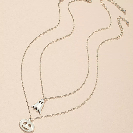 2 Piece Halloween Ghost & Pumpkin Pendant Necklace in Silver - women's pendant necklace
