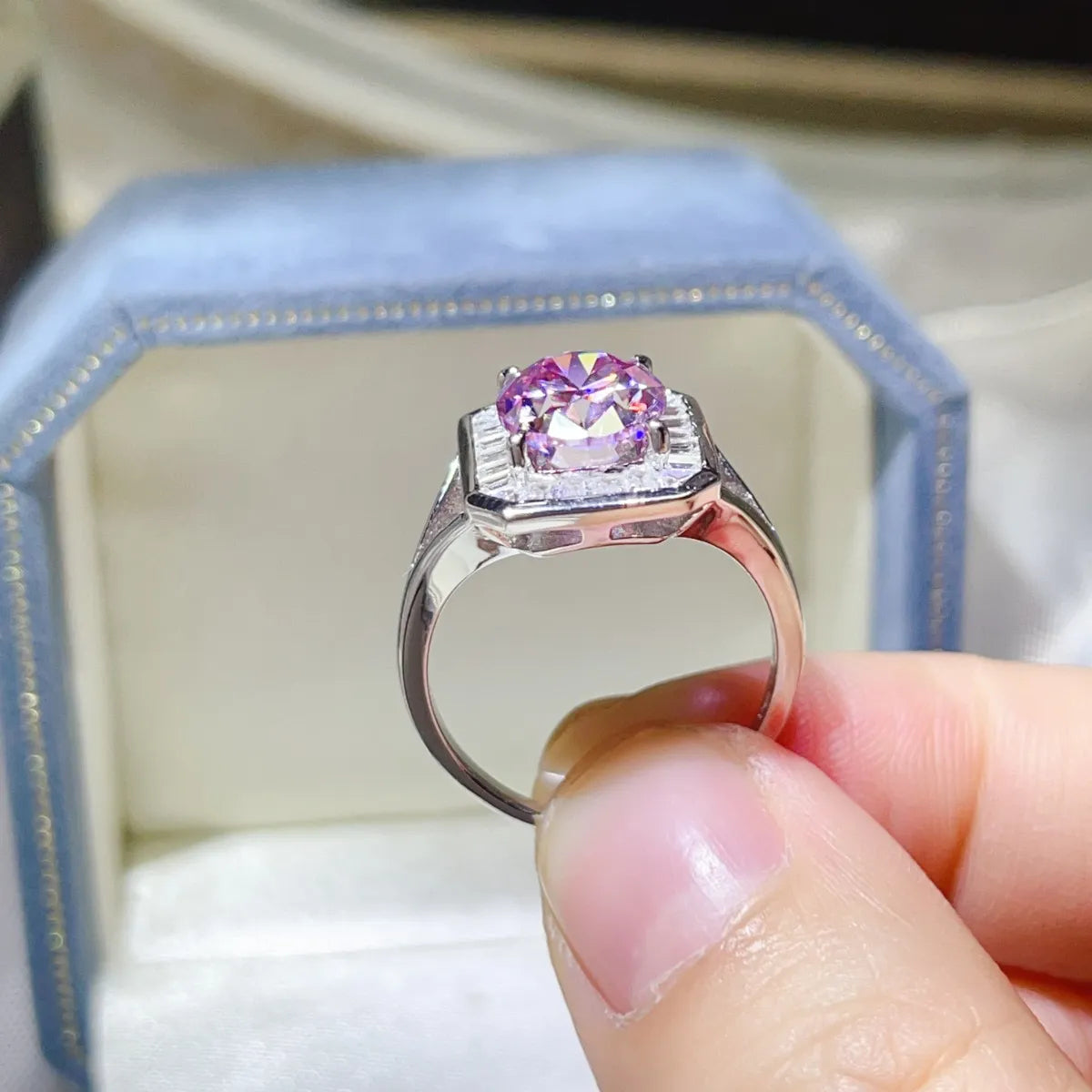 3 Carat Moissanite Square Ring in Pink Purple - women's ring