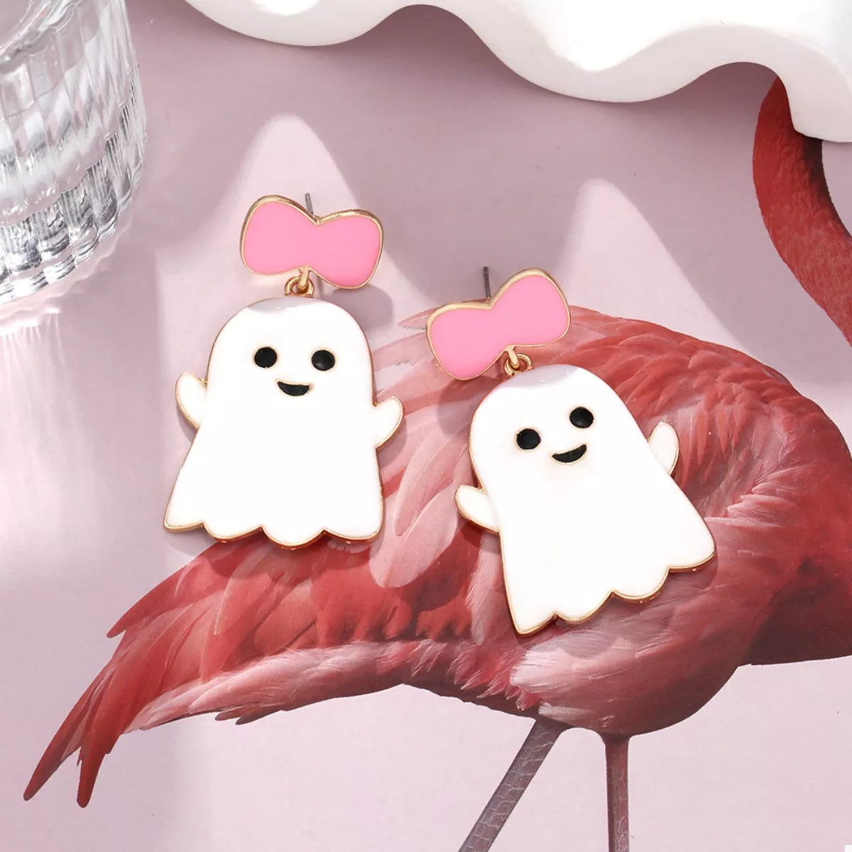 Halloween Ghost Dangle Earrings with Bow in Pink And White - women's dangle earrings