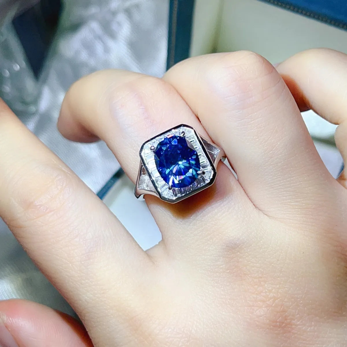 3 Carat Moissanite Square Ring in Royal Blue - women's ring