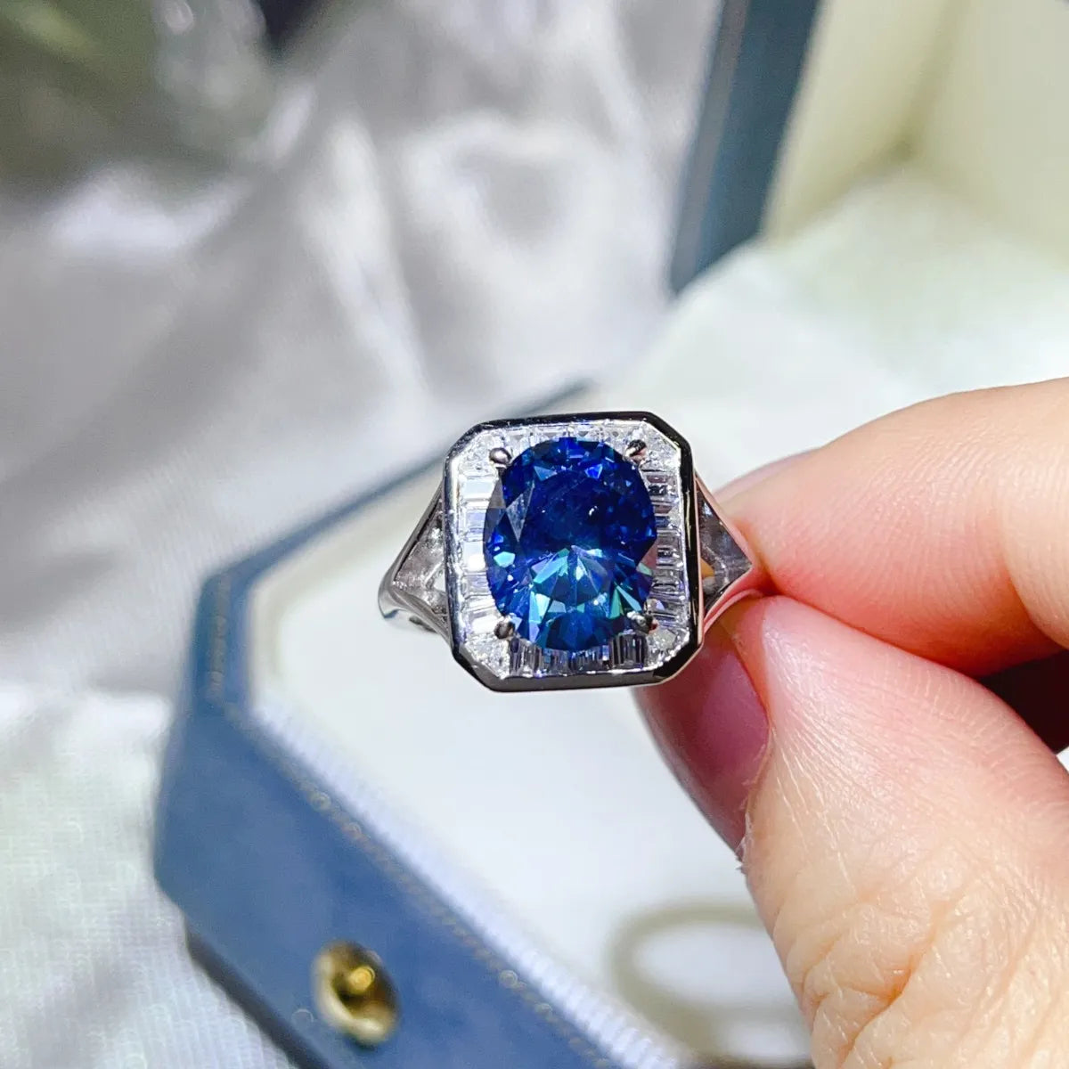3 Carat Moissanite Square Ring in Royal Blue - women's ring
