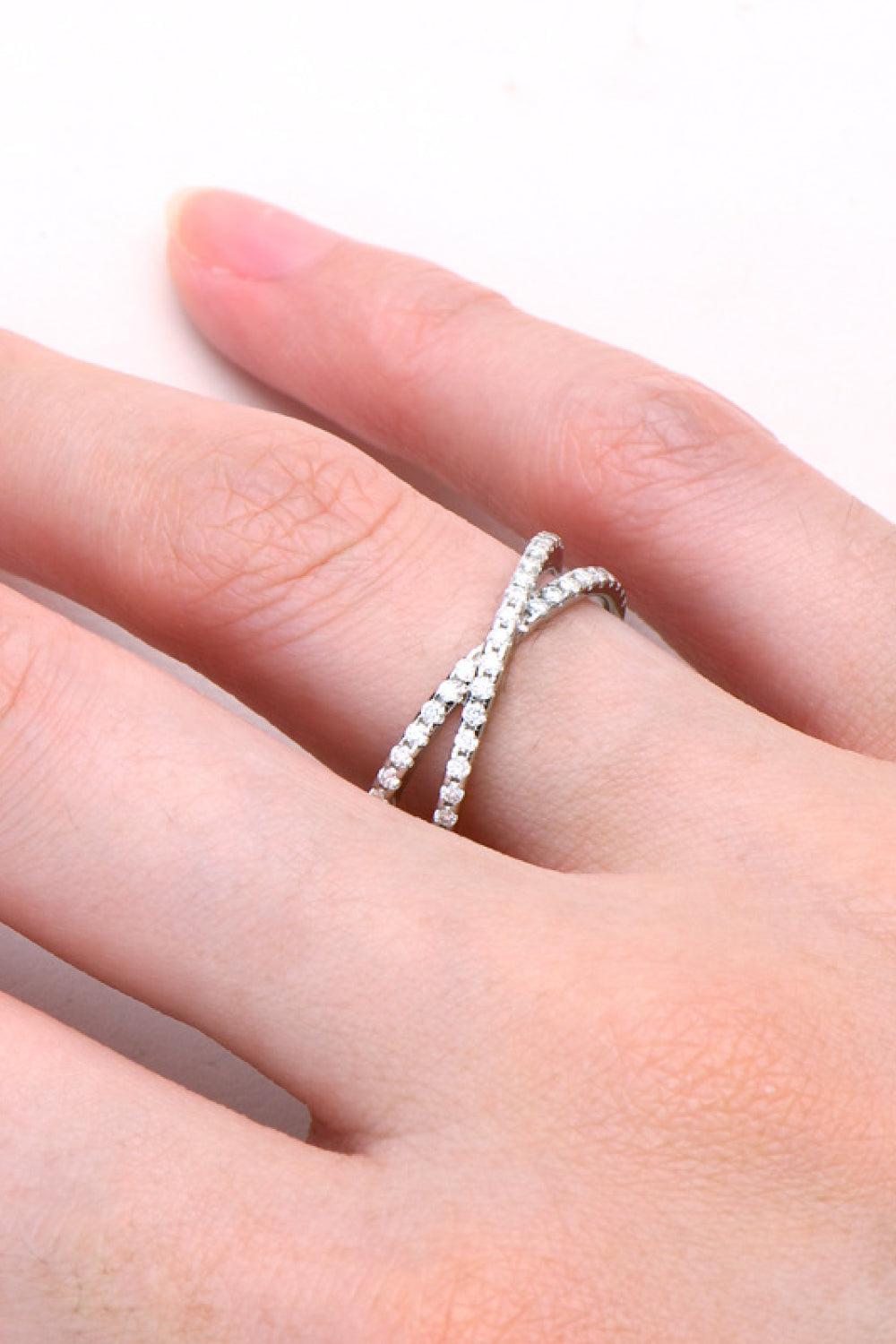 Moissanite Sterling Silver Crisscross Ring - alternate ring view