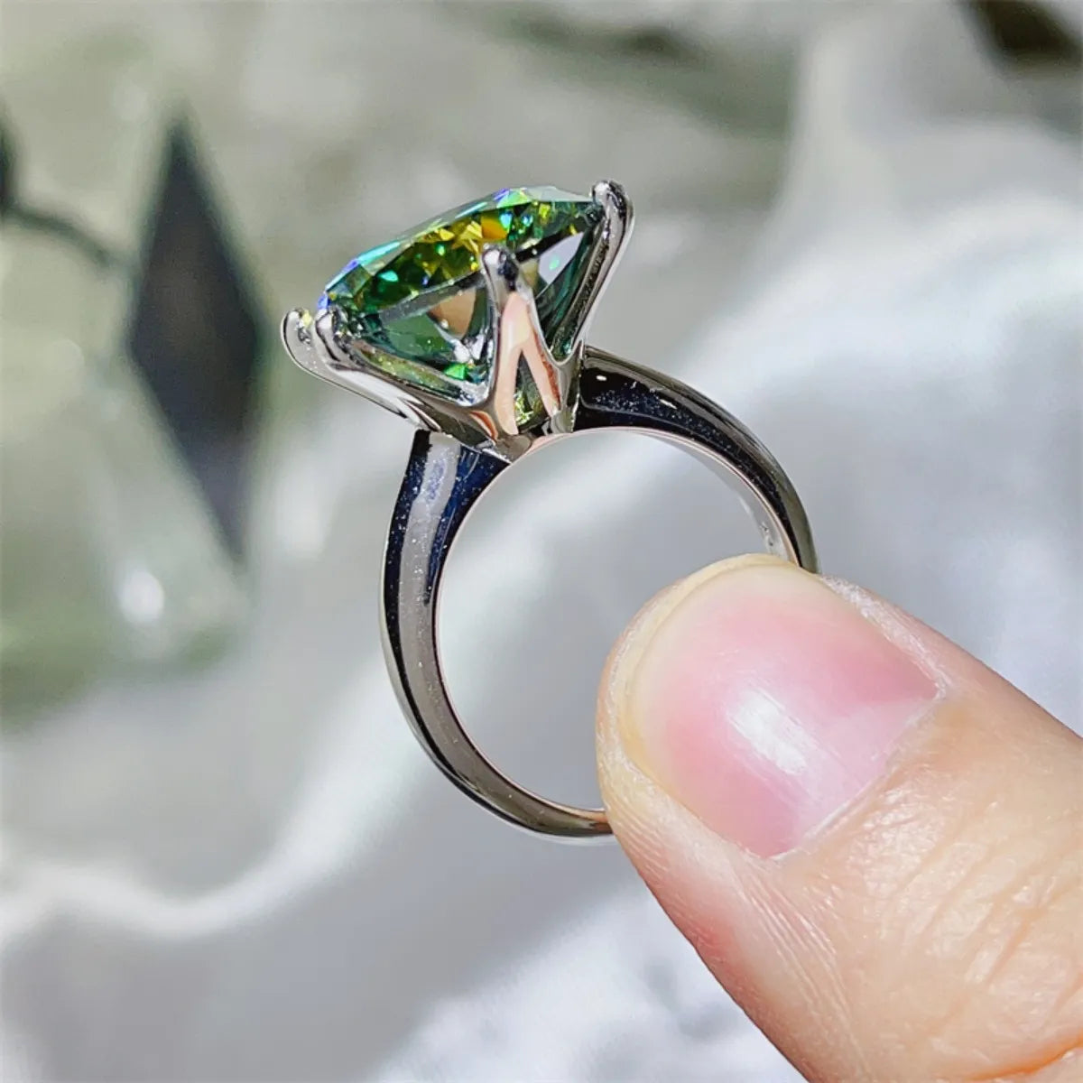 10 Carat Moissanite Sterling Silver Ring in Green - women's ring