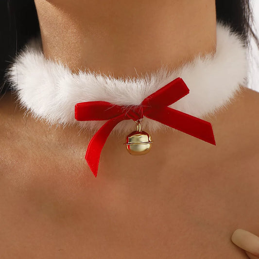 Christmas Choker Necklace with Red Bow in Black - women's choker necklace