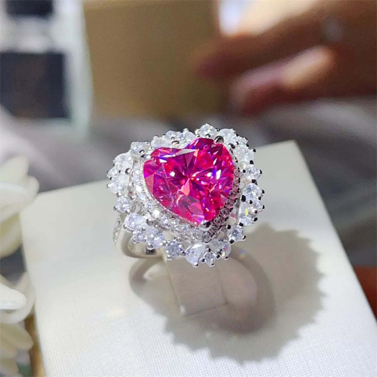 5 Carat Moissanite Sterling Silver Heart-Shaped Ring in Pink - women's ring