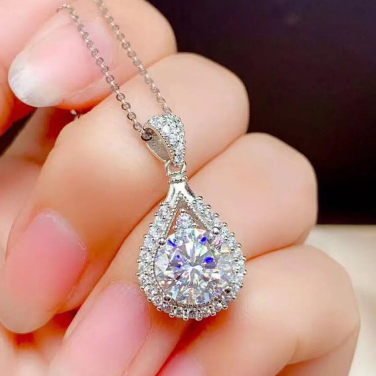 5 Carat Sterling Silver Moissanite Teardrop Necklace - alternate necklace view