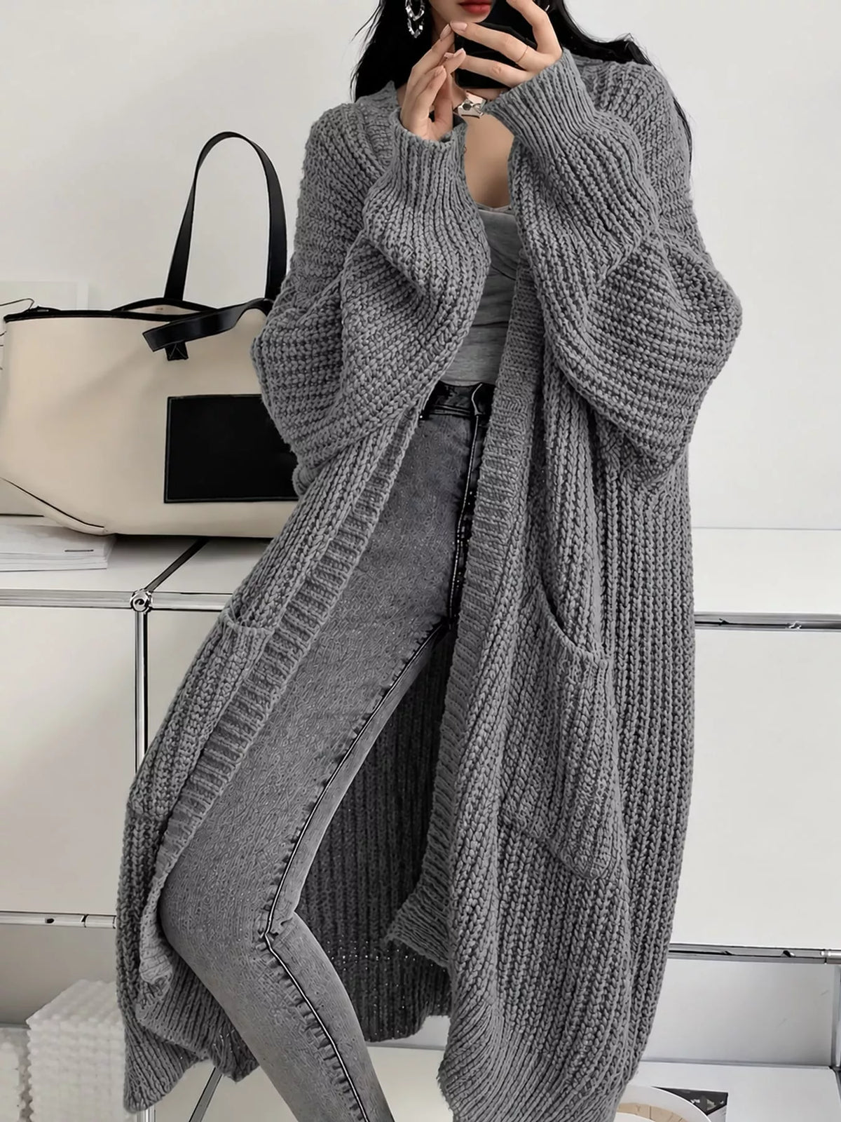 Chunky-Knit Openwork Front Longline Cardigan in Medium Gray - women's cardigan