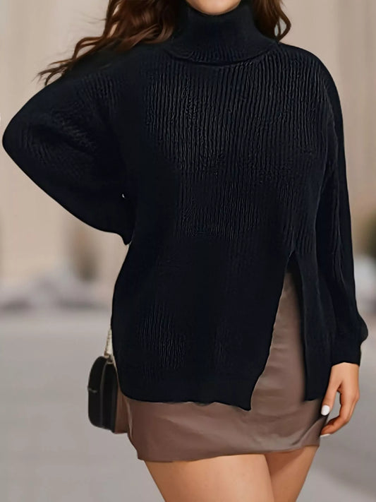 Plus Size Side Slit Ribbed Turtleneck Sweater in Black - women's turtleneck sweater