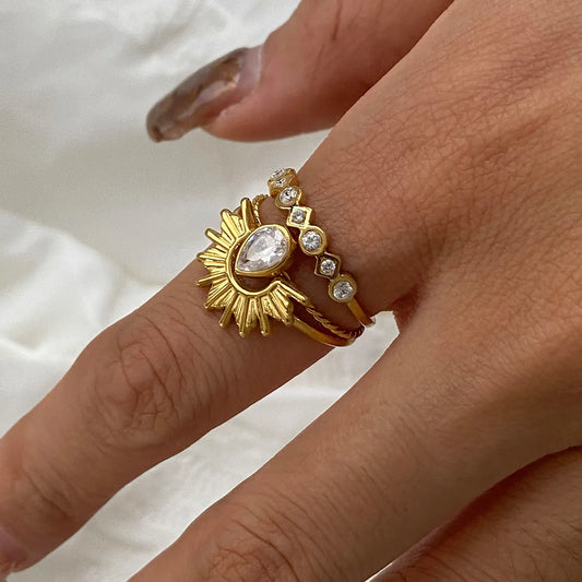 3 Piece Stainless Steel Rhinestone Sunburst Crown Ring in Gold - women's ring