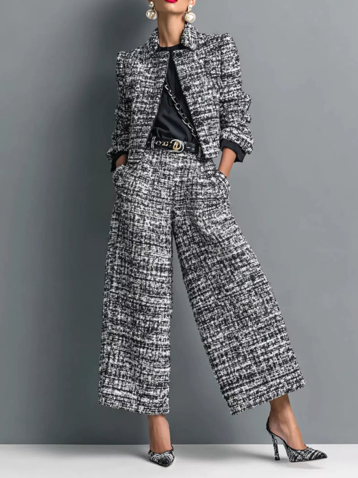 Tweed Cropped Jacket and Wide-Leg Pants Set in Black - Blossom's