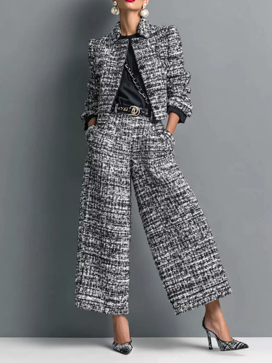 Tweed Cropped Jacket and Wide-Leg Pants Set in Black - Blossom's