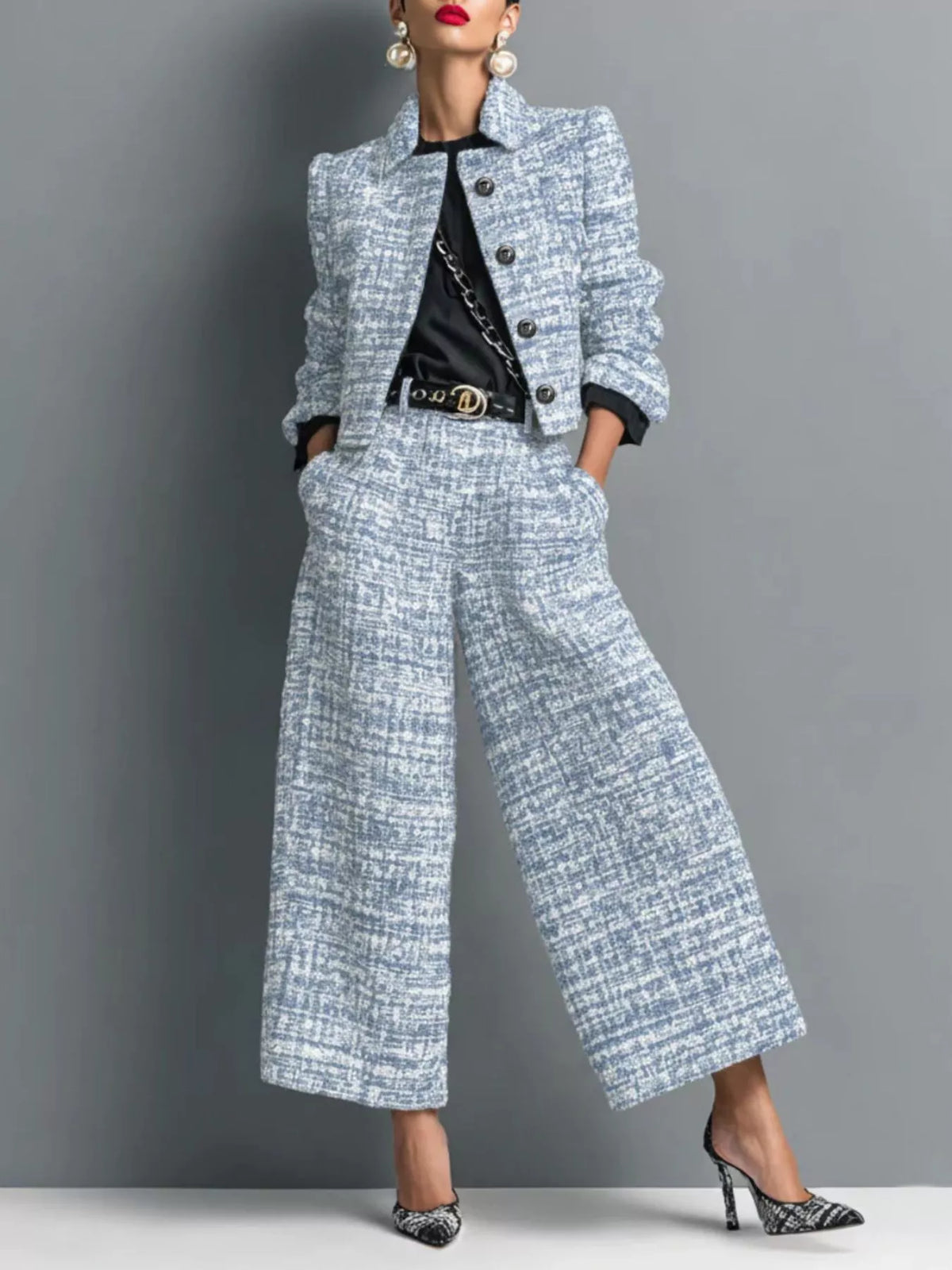 Tweed Cropped Jacket and Wide-Leg Pants Set in Black - Blossom's