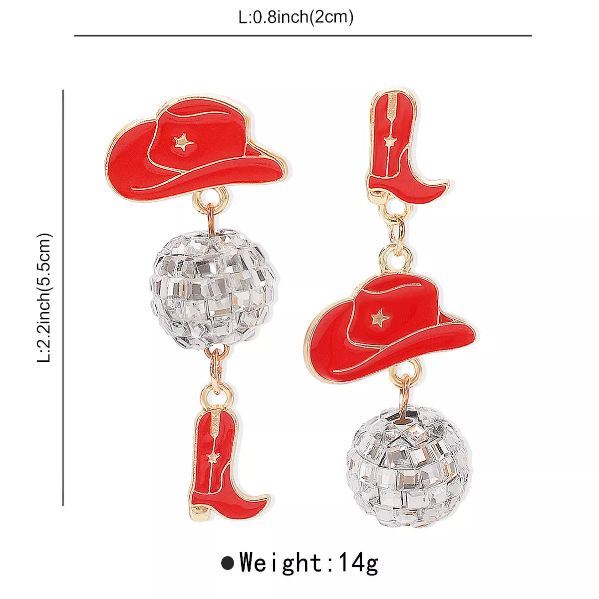 Asymmetrical Cowgirl Boot Hat Ball Dangle Earrings in Orange - women's dangle earrings