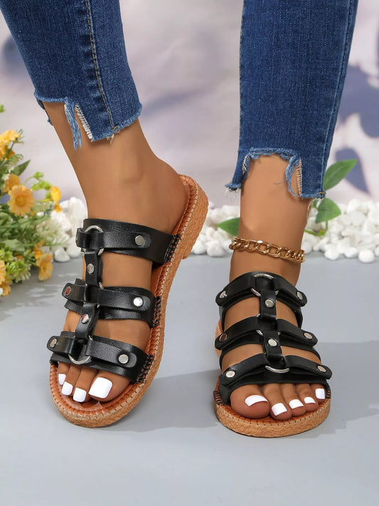 Studded Open-Toe Sandals in Black - women's flat sandals