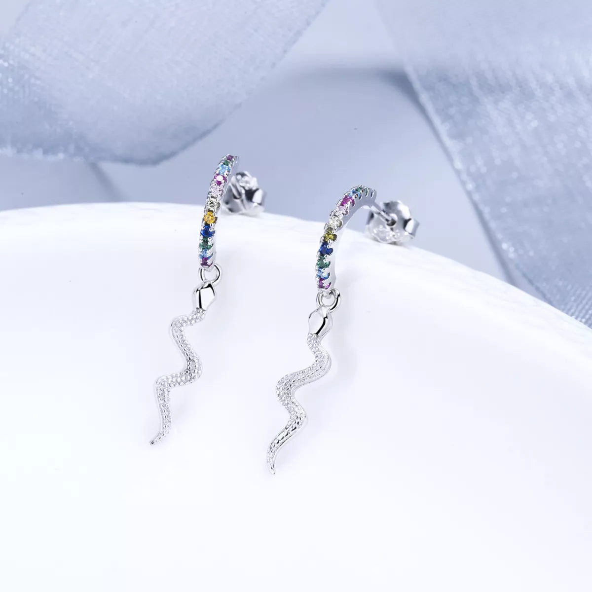 Sterling Silver Rainbow Zircon Geometric Earrings - alternate earring view