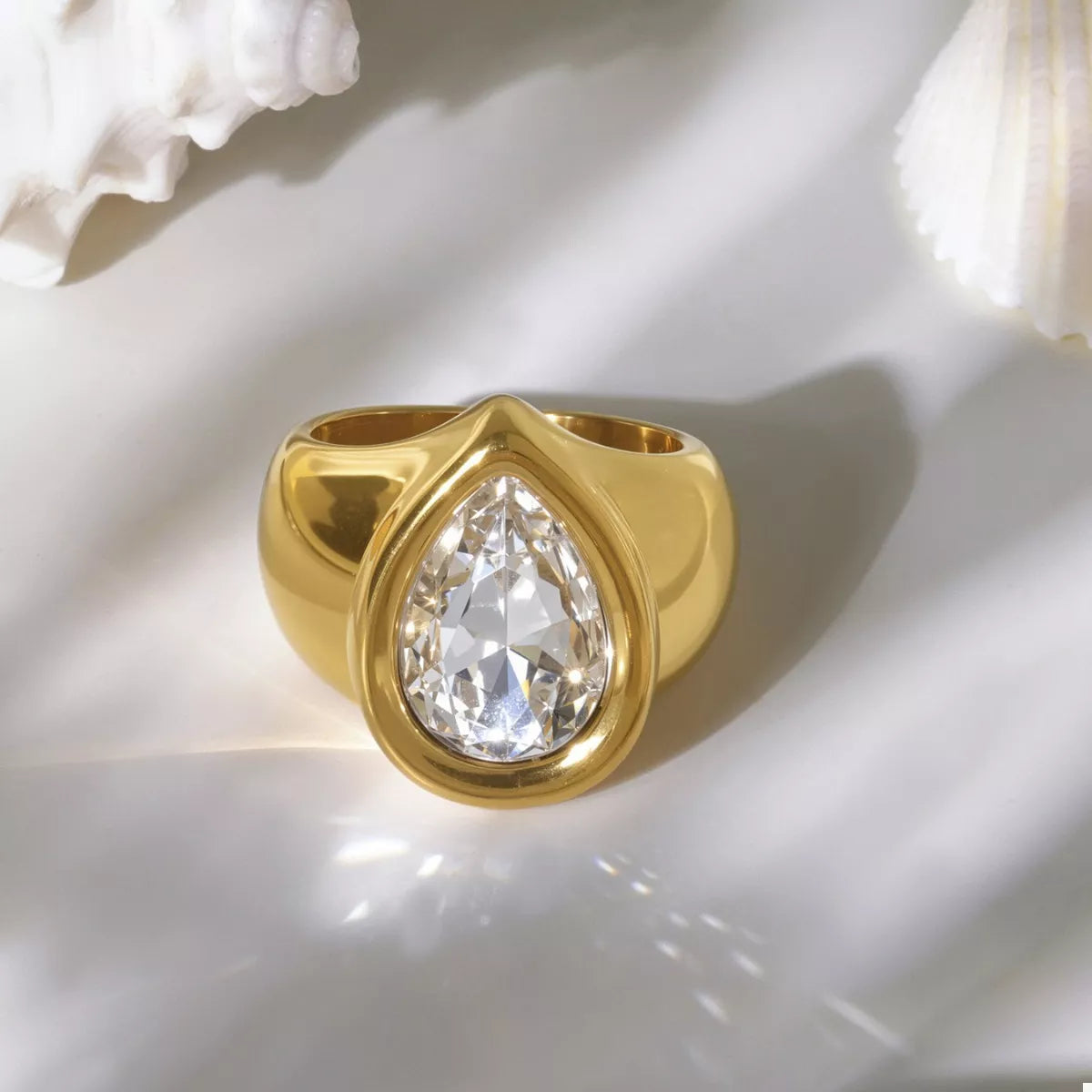 18K Gold-Plated Teardrop Zircon Ring in White - women's ring