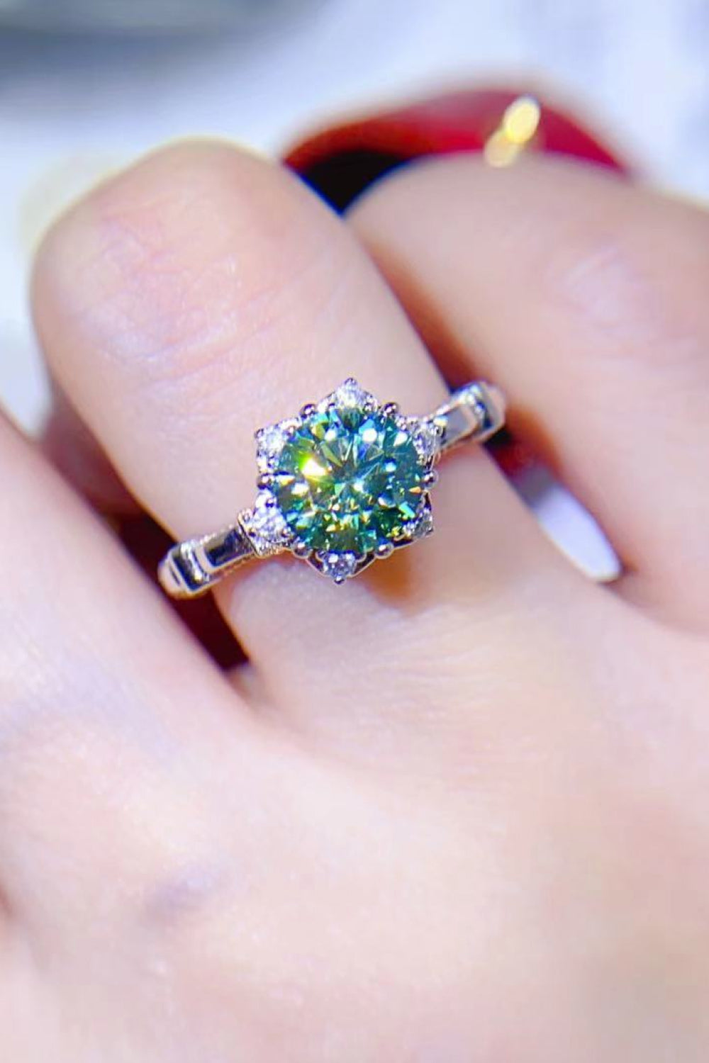 1 Carat Moissanite Sterling Silver Ring in Light Green - women's ring
