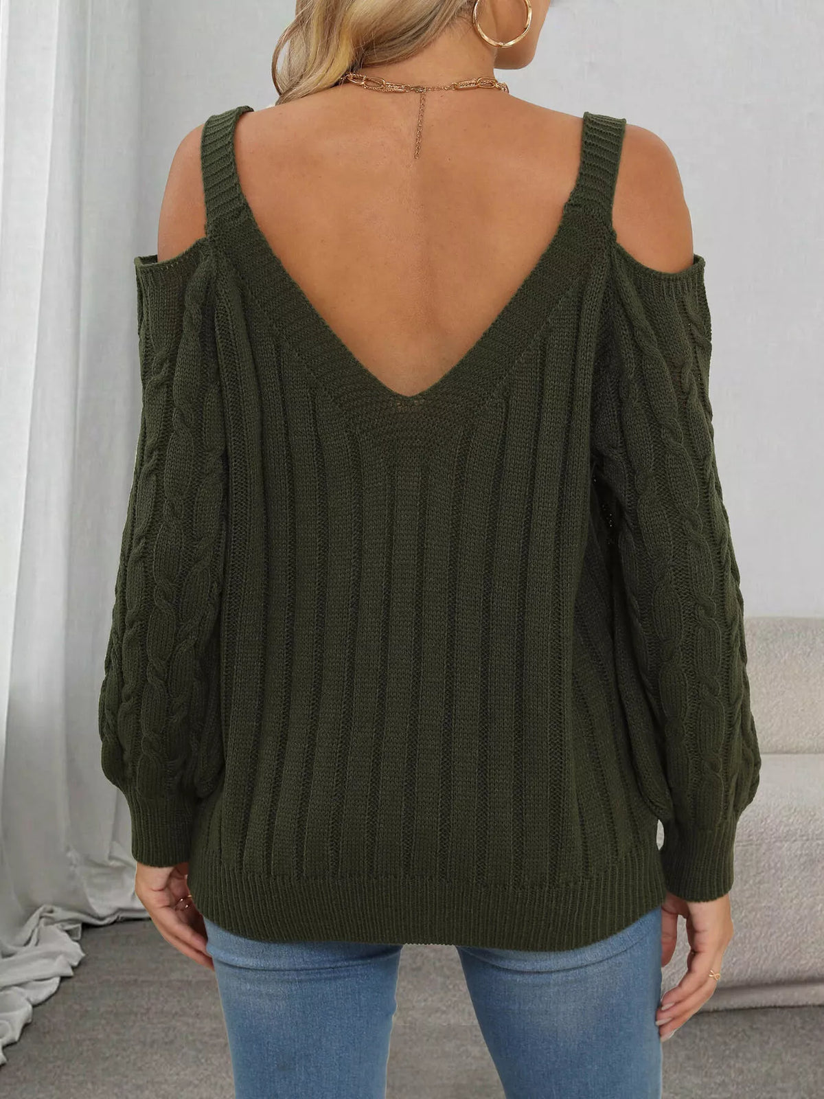 Floral Applique Cold Shoulder Cable-Knit Sweater in Military Green - women's sweater