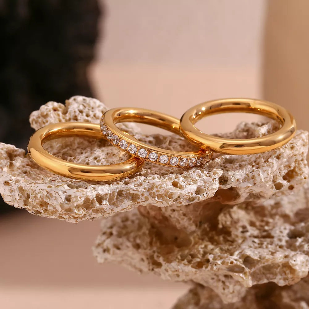 Stainless Steel Zircon Ring 3 Piece Set in Gold - women's ring