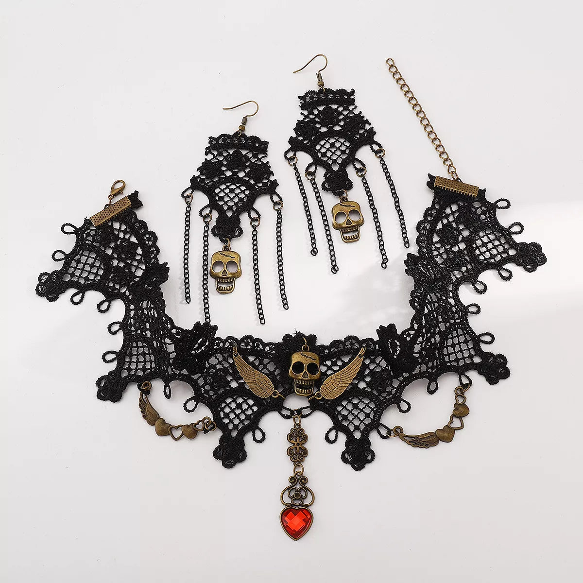 Halloween Lace Skull Necklace and Earrings Set - alternate necklace view