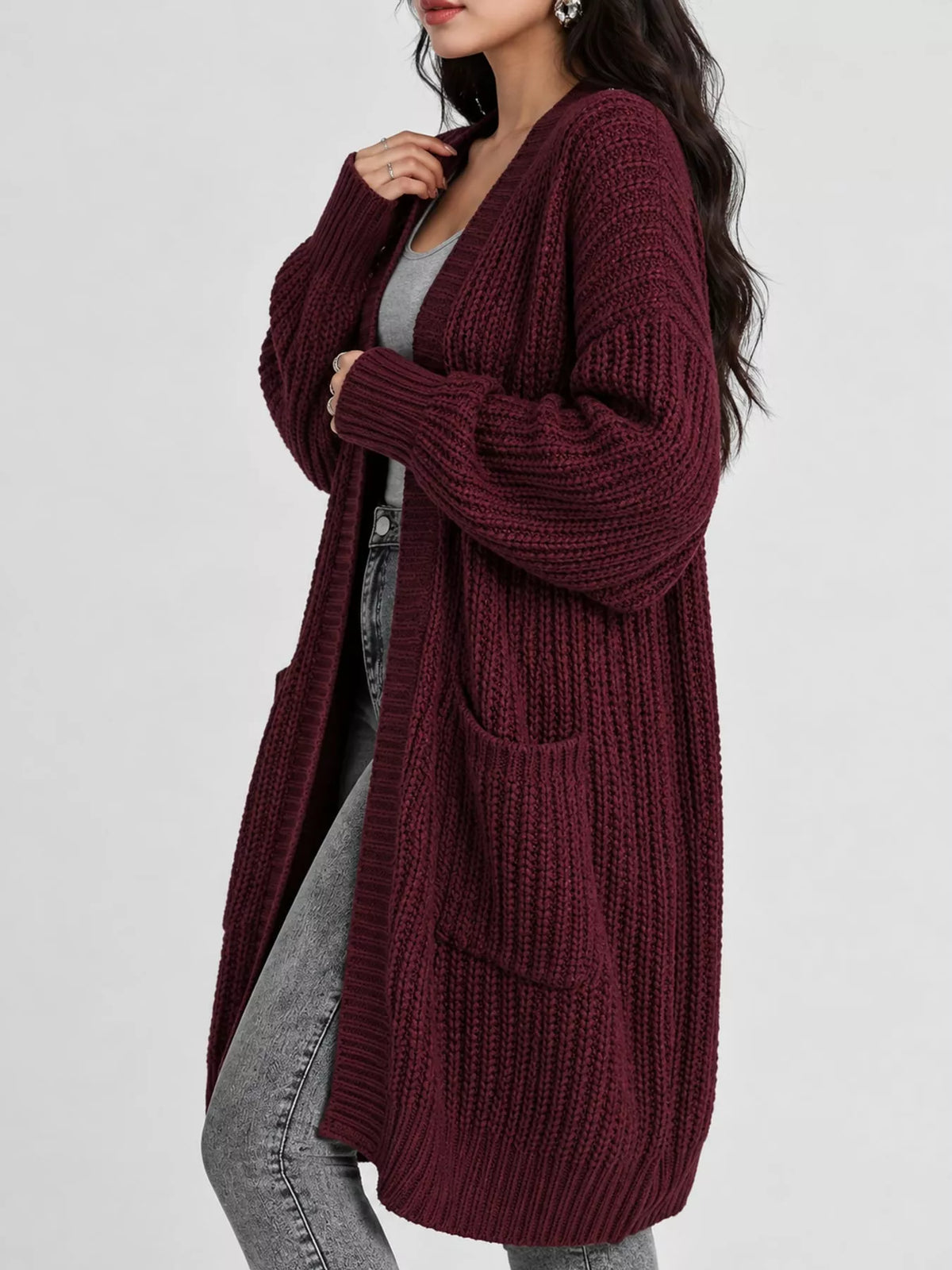Chunky-Knit Openwork Front Longline Cardigan in Apricot - women's cardigan