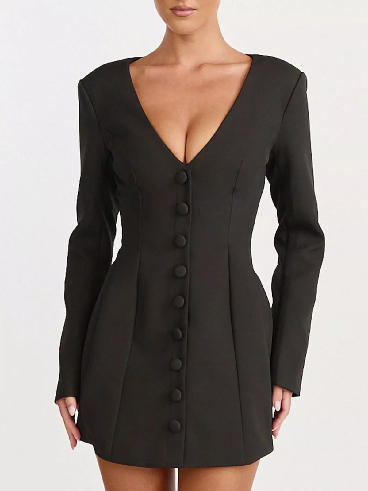 Deep V-Neck Button-Down Blazer Dress in Black - Blossom's