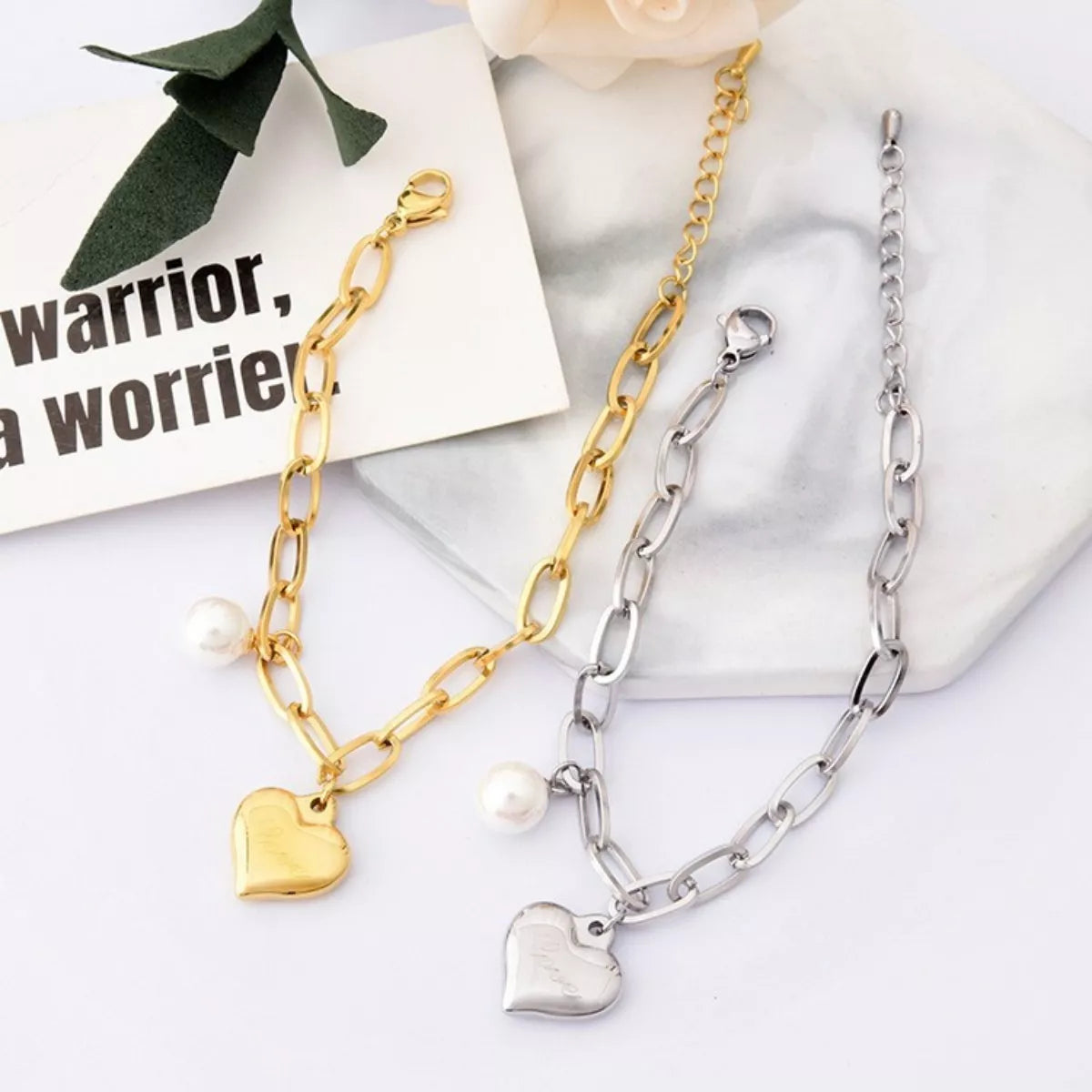 Heart Charm Pearl Accent Chain Bracelet in Silver - women's charm bracelet