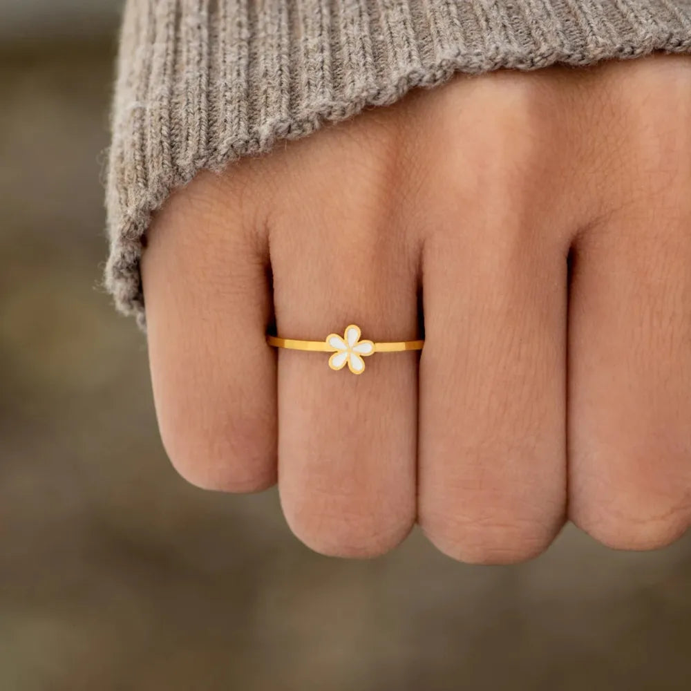Sterling Silver Enamel Flower Ring in White - women's ring