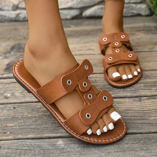 Open-Toe Flats Sandals in Brown - women's flat sandals