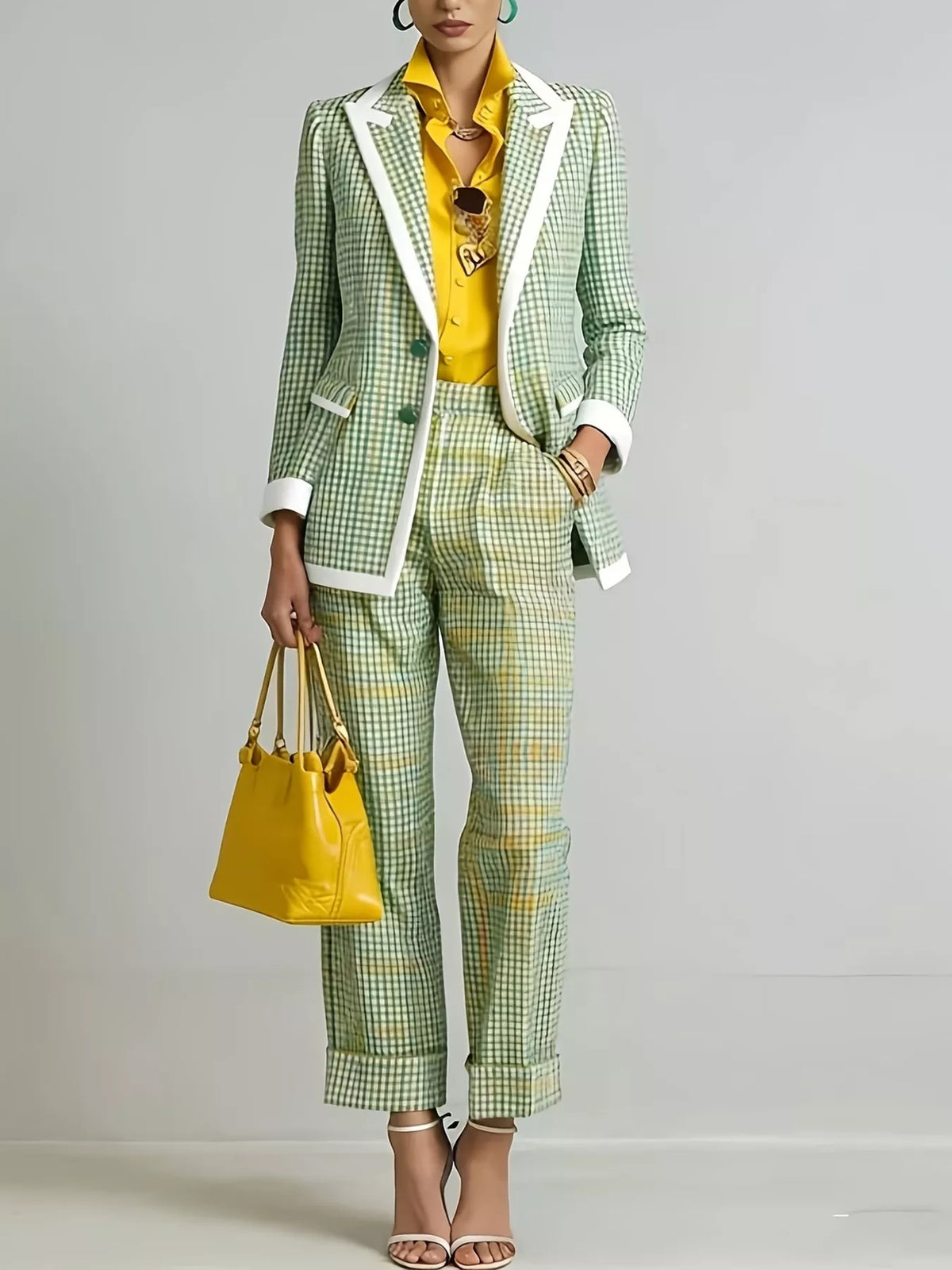 Plaid Blazer and Pants Suit Set in Green - Blossom's