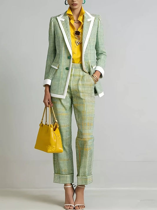 Plaid Blazer and Pants Suit Set in Green - Blossom's