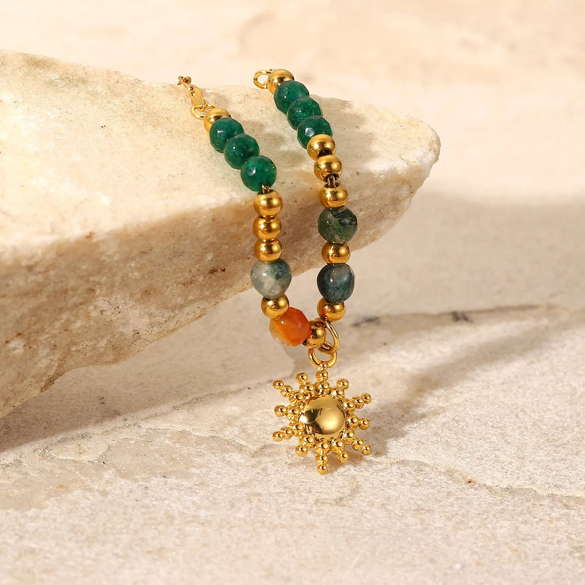 Bohemian Sun Charm Beaded Stainless Steel Necklace - alternate necklace view