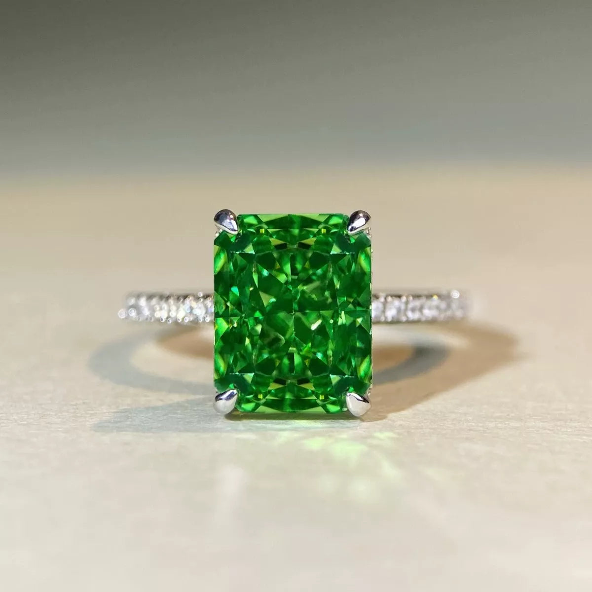 Sterling Silver Zircon Geometric Ring in Dark Green - women's ring