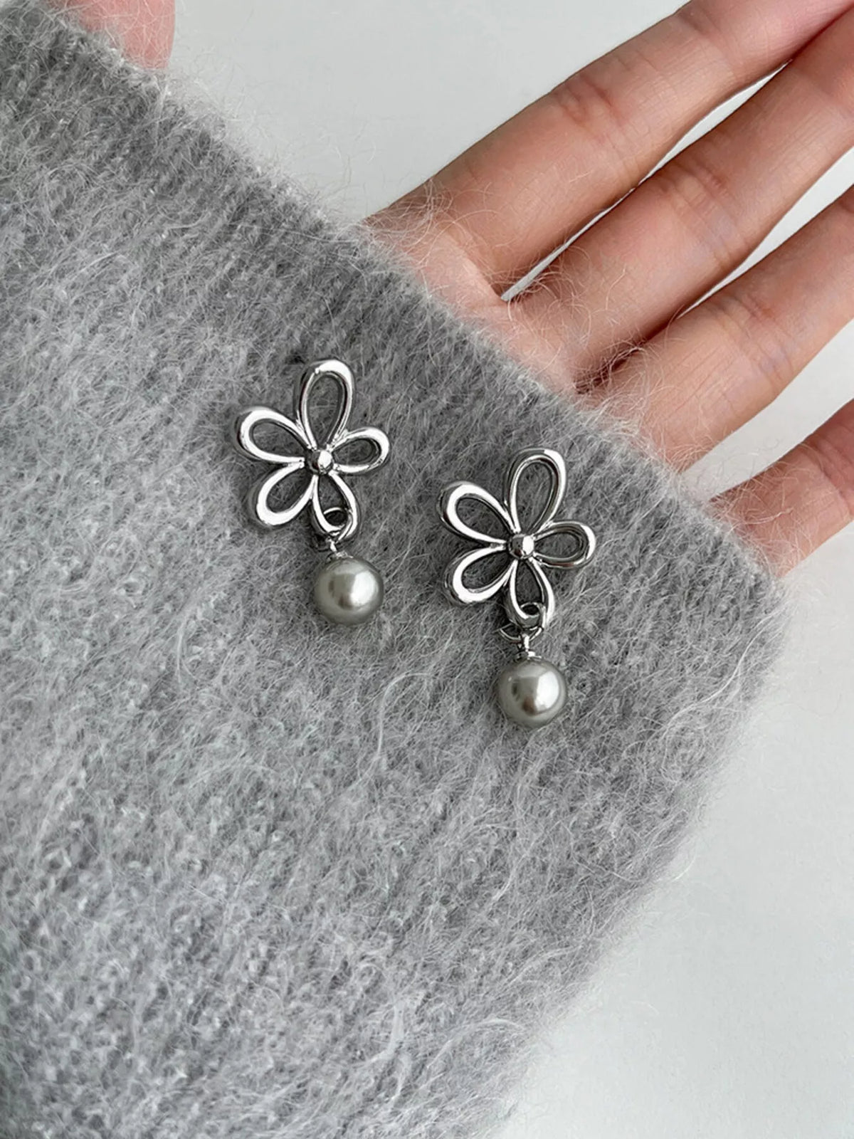 Flower Pearl Drop Earrings - alternate earring view