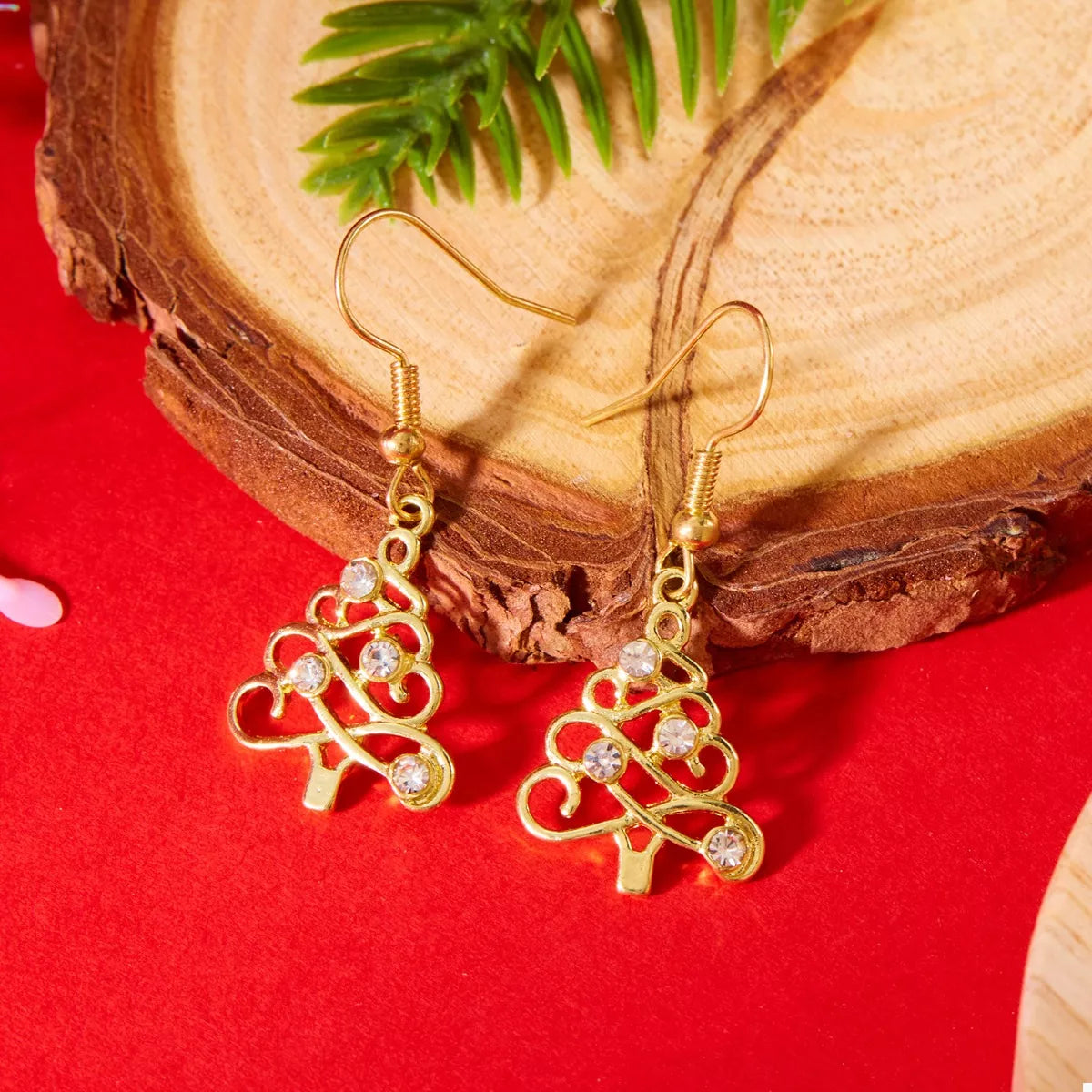 18K Gold-Plated Rhinestone Christmas Tree Dangle Earrings - alternate earring view