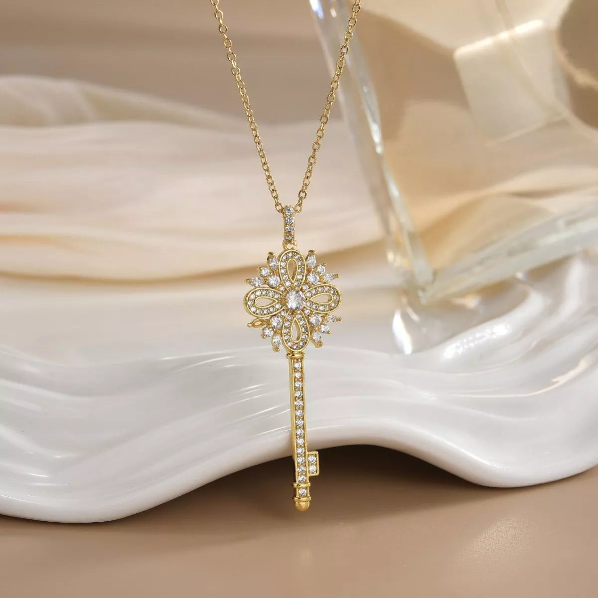 18K Gold-Plated Zircon Key Pendant Necklace in White - women's pendant necklace